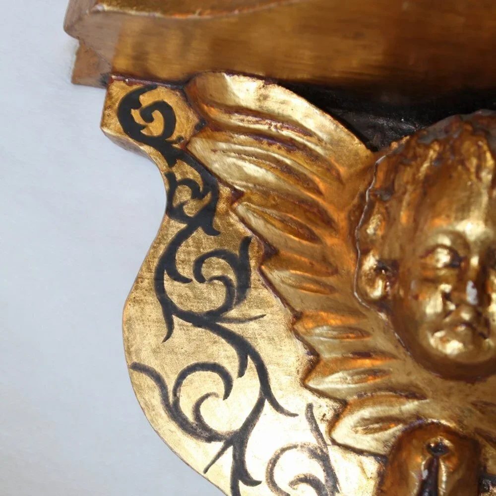 Antique vintage wood carved gilded Putti brackets Cherub Baroque golden flaws